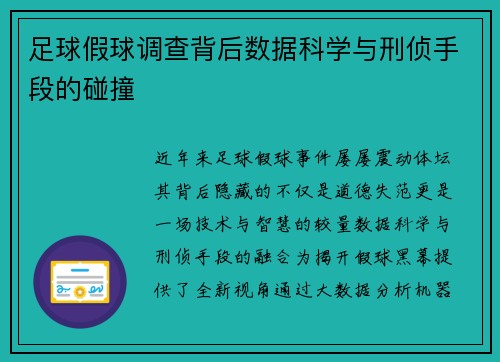 足球假球调查背后数据科学与刑侦手段的碰撞