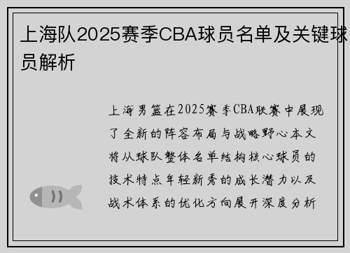 上海队2025赛季CBA球员名单及关键球员解析